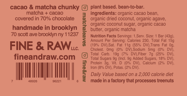 3 pcs Matcha Cacao & Coconut Chunky Chocolate (1 and 1/2 oz each)